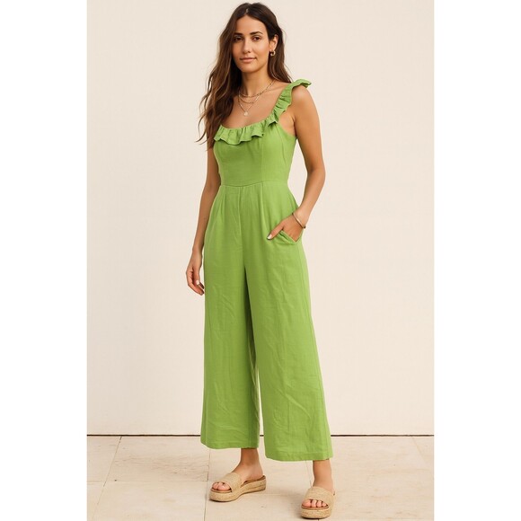 NWT Japna Size Small Jumpsuit Linen Blend Sleeveless Ruffled Smocked Wide Leg - Picture 1 of 5